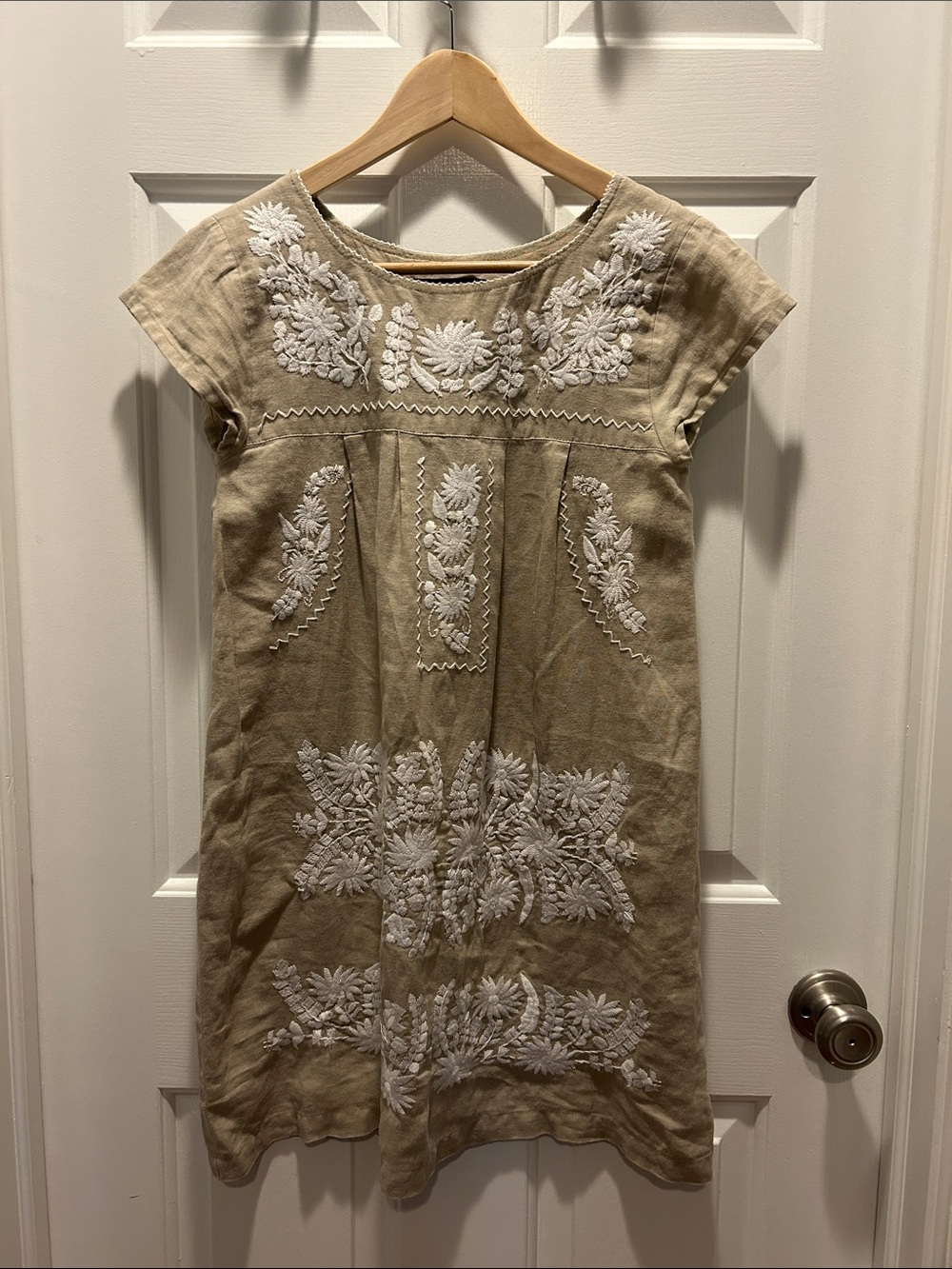 Zara Beige Mini Dress with White Embroidered Floral Detail